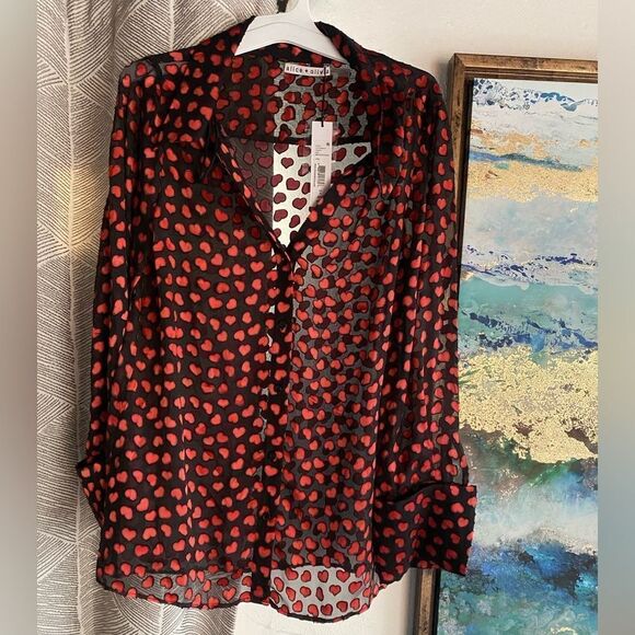 Alice + Olivia Shirt Womens Silk Small Black Red Hearts Printed Long Sleeve NWT - Picture 3 of 13